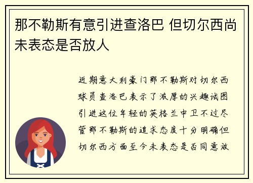 那不勒斯有意引进查洛巴 但切尔西尚未表态是否放人