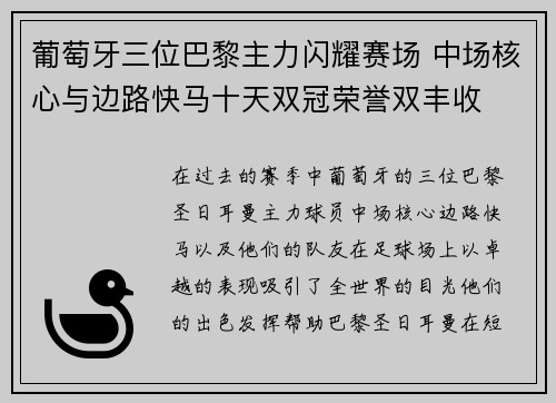 葡萄牙三位巴黎主力闪耀赛场 中场核心与边路快马十天双冠荣誉双丰收