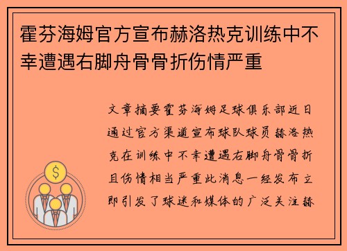 霍芬海姆官方宣布赫洛热克训练中不幸遭遇右脚舟骨骨折伤情严重