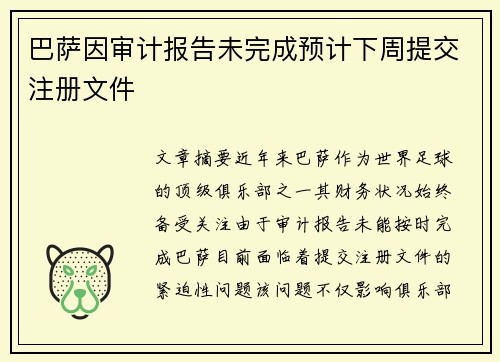 巴萨因审计报告未完成预计下周提交注册文件